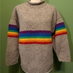 Ark & Co Gray Sweater with Multicolor Stripes Rainbow Wool